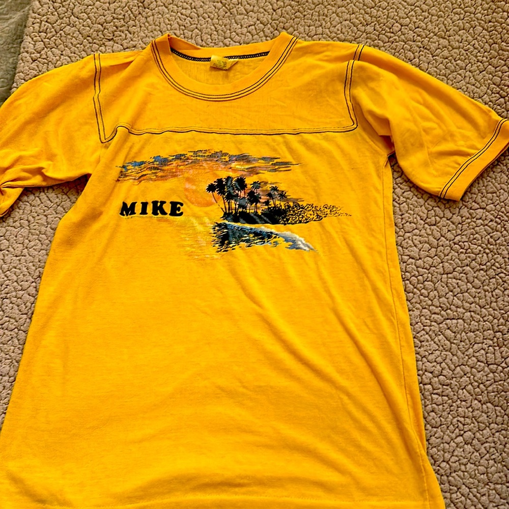 Yellow Vintage T-shirt with velvet lettering that says Mike l. Polyester cotton